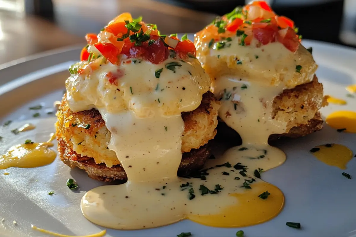 Crab Cake Benedict topped with creamy hollandaise sauce, diced tomatoes, and fresh herbs on a plate."