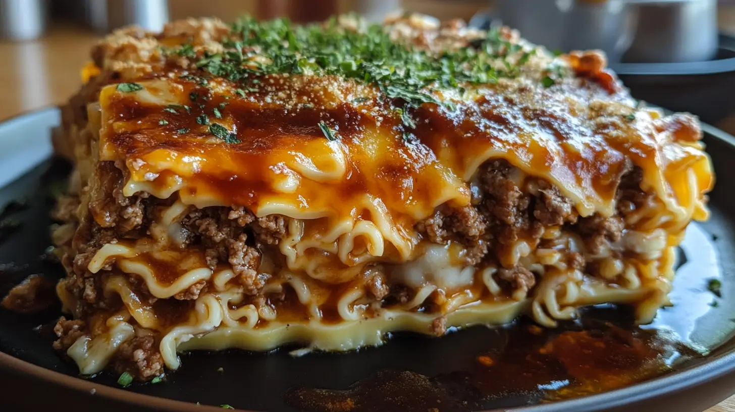 A close-up image of a slice of ramen lasagna, showcasing layers of ramen noodles, ground beef, melted cheese, and a rich tomato sauce, garnished with herbs