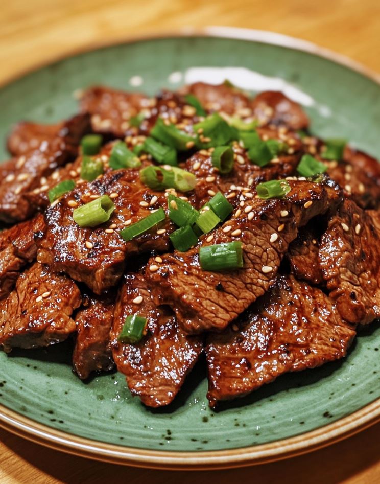 "Plate of Korean BBQ beef garnished with chopped green onions, served on a light green plate."