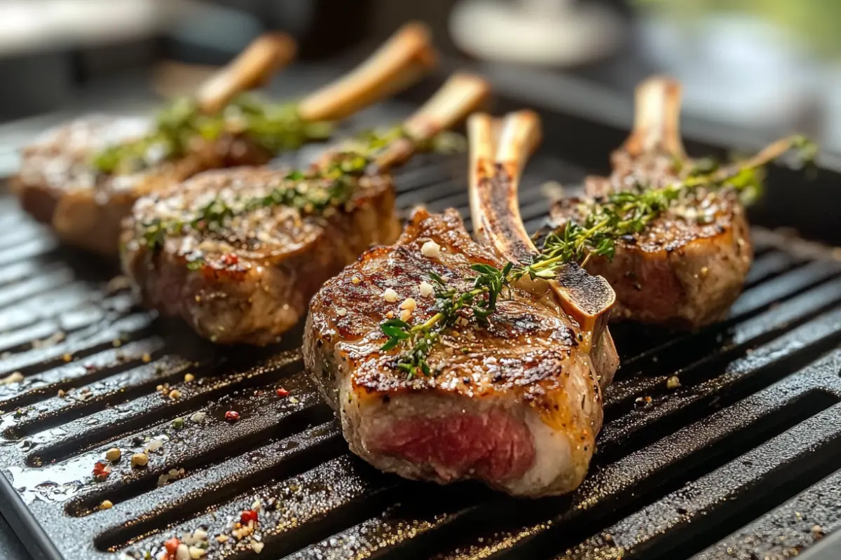 "Grilled lamb chops on a grill mat with fresh herbs and seasoning"