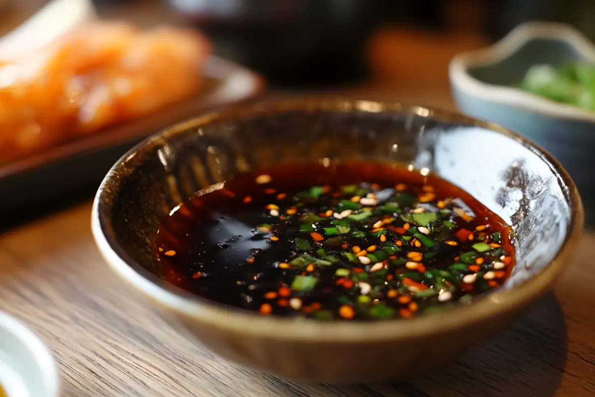 "Japanese BBQ sauce in a ceramic bowl with chopped green onions, sesame seeds, and chili flakes"