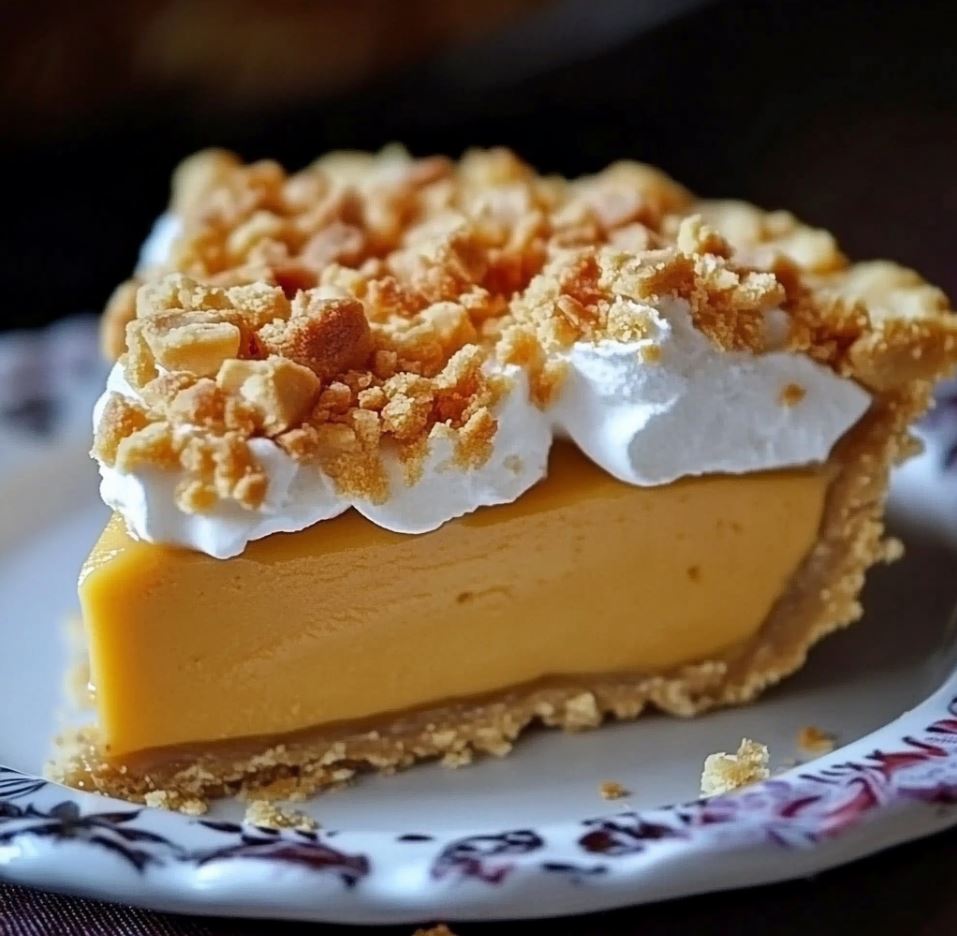 A delicious slice of Amish Peanut Butter Cream Pie with a golden crust and creamy peanut butter filling.