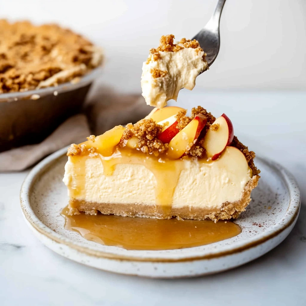 Apple Crumble Cheesecake with a golden crumble topping and spiced apple filling.