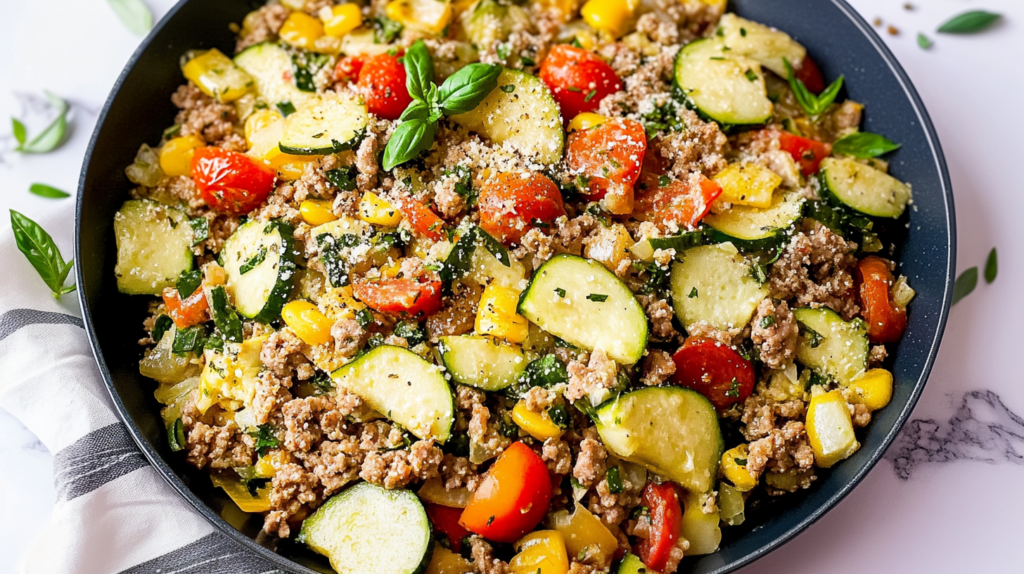 A skillet filled with a colorful low-carb ground turkey stir-fry, featuring ground turkey, zucchini, bell peppers, cherry tomatoes, and herbs, topped with grated cheese.