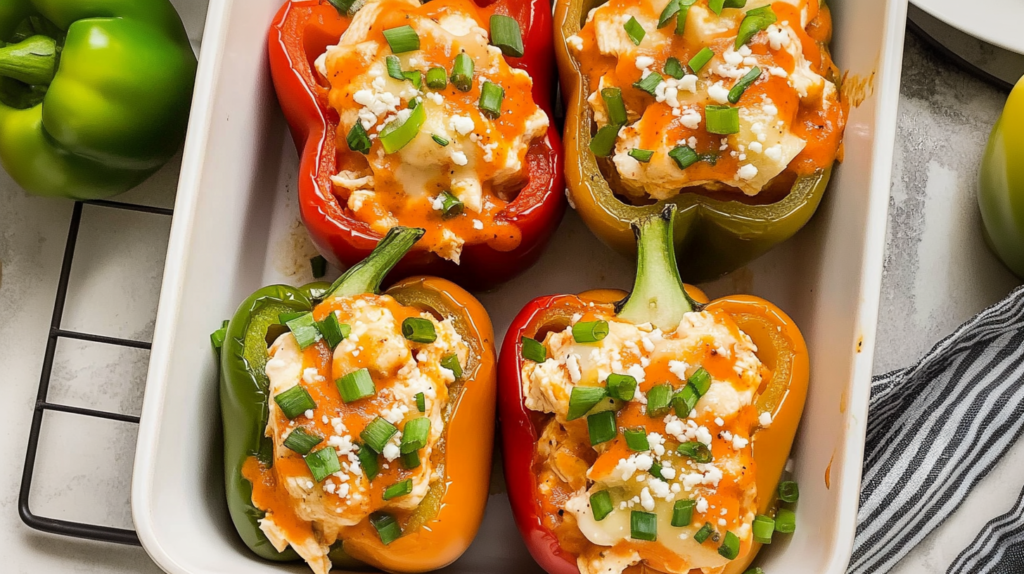 Keto buffalo chicken stuffed peppers topped with chopped green onions and buffalo sauce in a baking dish.