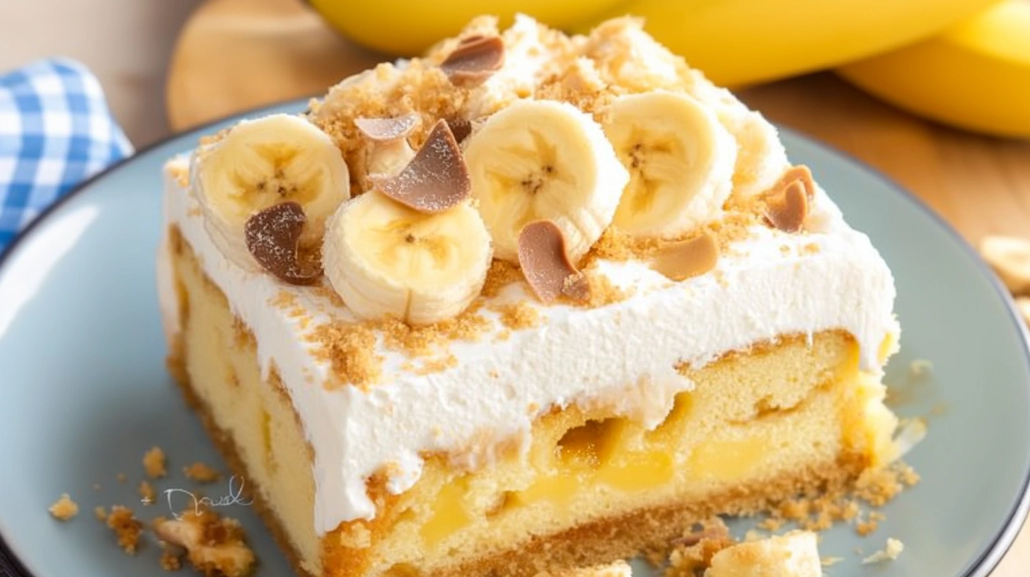 A slice of moist banana poke cake topped with whipped cream, fresh banana slices, and crumbled cookies on a plate.