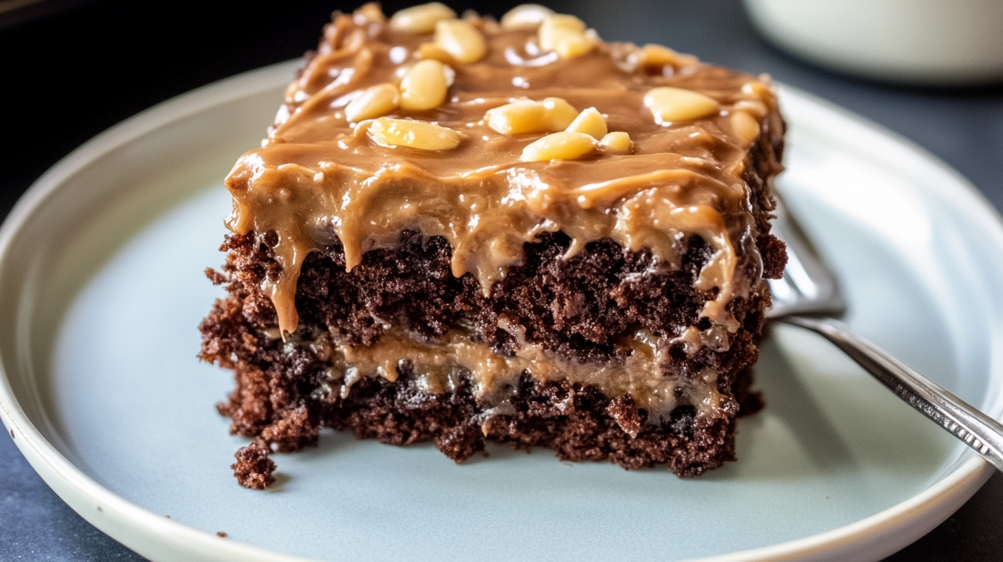 German Chocolate Poke Cake slice topped with gooey coconut-pecan frosting on a plate.