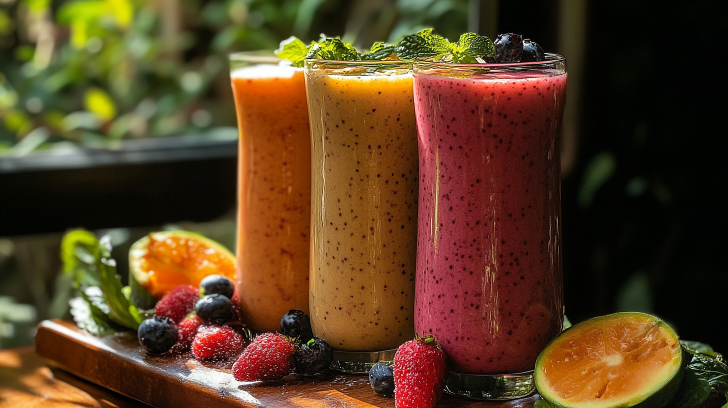 Three vibrant fruit smoothies in tall glasses, garnished with fresh mint leaves, surrounded by mixed berries and half a sliced melon on a wooden surface.