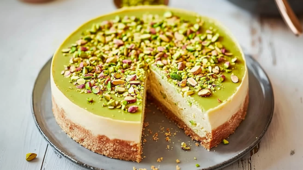 Delicious pistachio cheesecake topped with chopped pistachios, featuring a smooth, creamy filling and a golden graham cracker crust.