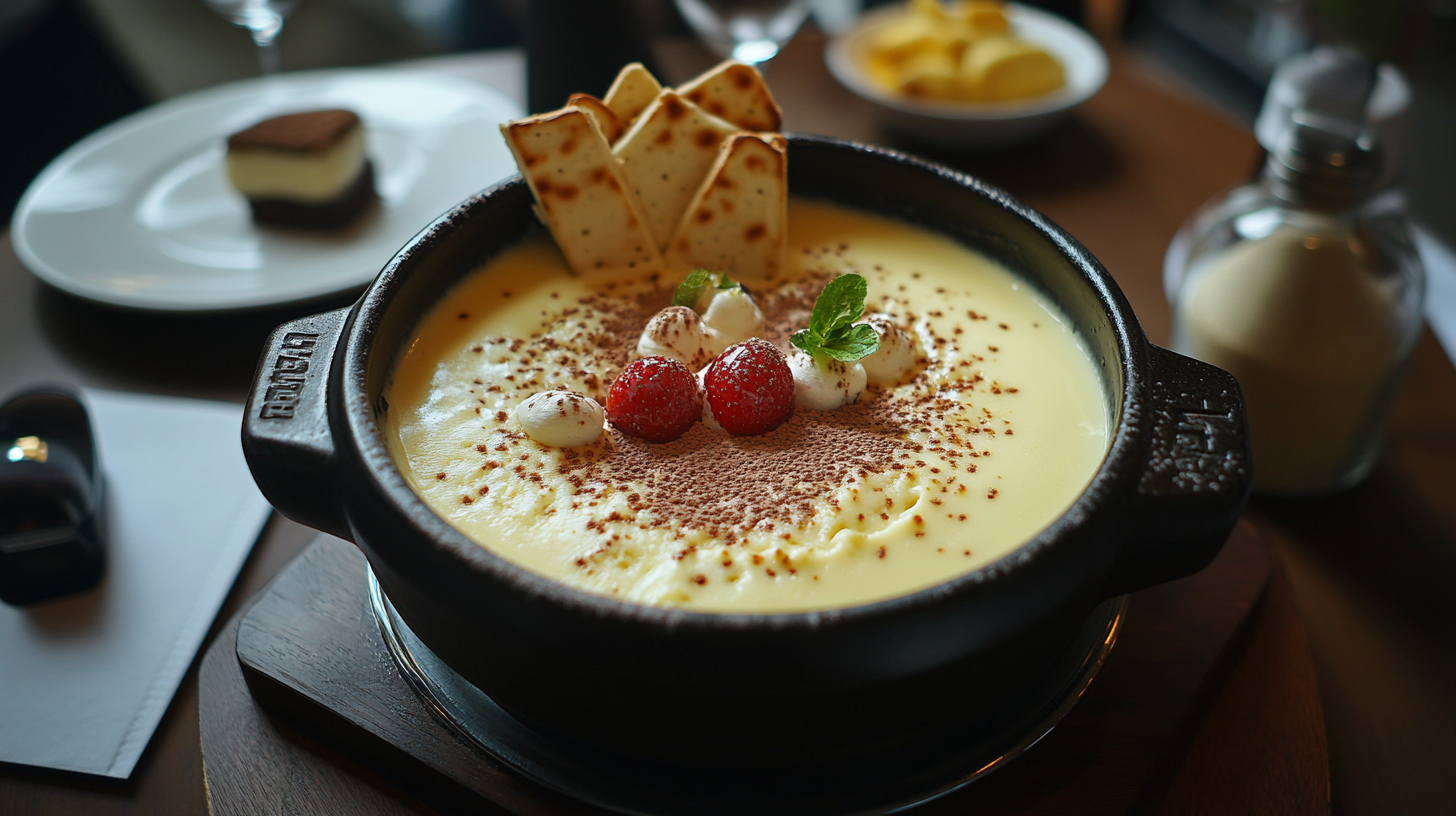 "cheesecake fondue garnished with strawberries, whipped cream, and dusted cocoa powder, served with bread dippers."