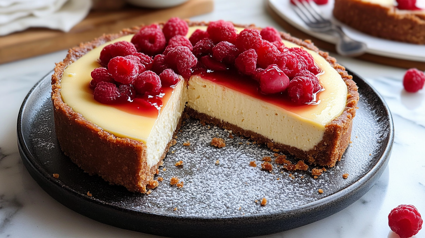 Cottage cheese cheesecake topped with fresh raspberries and a raspberry sauce, served on a plate with a graham cracker crust.