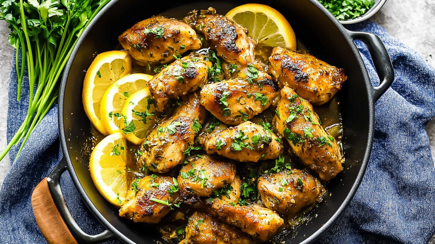 A close-up of a pan with golden, roasted chicken garnished with fresh herbs and lemon slices.