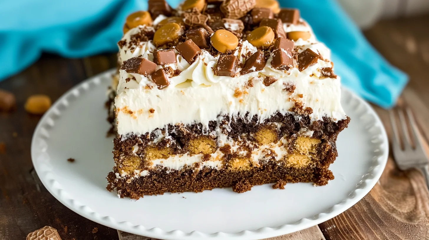 Butterfinger Poke Cake with layers of chocolate cake, whipped cream, caramel, and crushed Butterfinger candy pieces on top