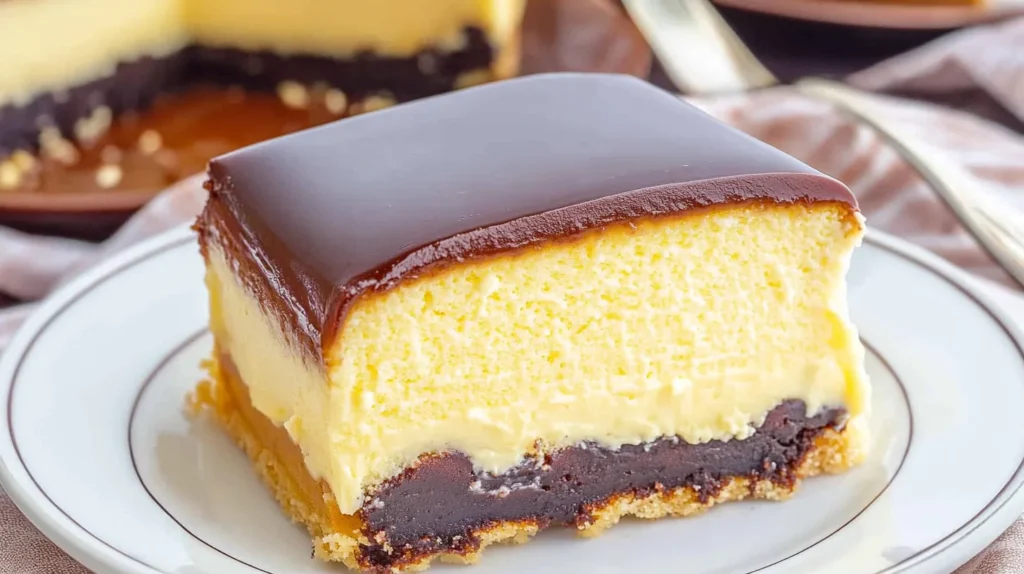 A slice of Boston cream poke cake with a smooth chocolate glaze, vanilla custard filling, and a rich, moist base