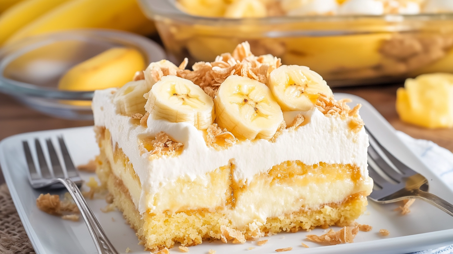 A close-up of a banana pudding poke cake slice topped with whipped cream, fresh banana slices, and crushed cookies on a white plate.