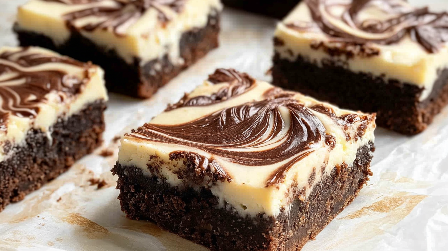 "Close-up of a square cheesecake brownie with a creamy cheesecake layer swirled with chocolate, sitting on parchment paper."