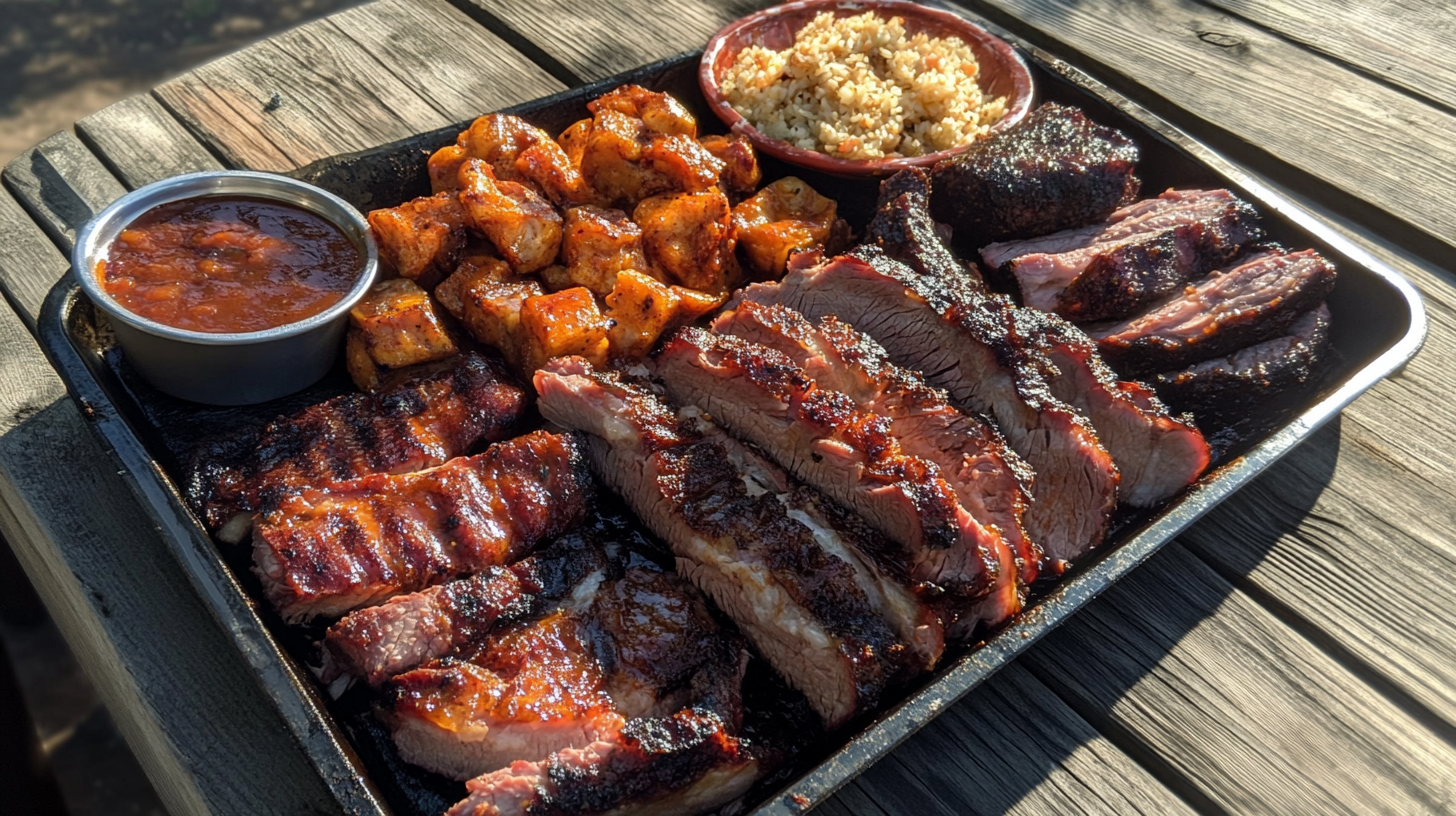 "Grilled BBQ meat with sides of roasted vegetables, rice, and BBQ sauce on a tray placed on a wooden picnic table."