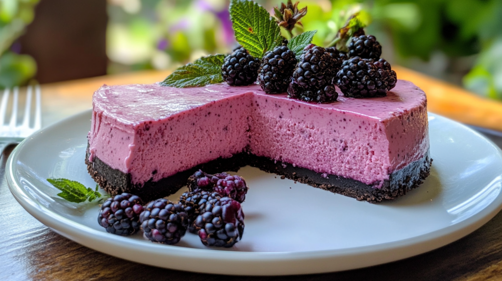 Blackberry cheesecake with a smooth, vibrant purple filling and a chocolate crust, topped with fresh blackberries and garnished with mint leaves