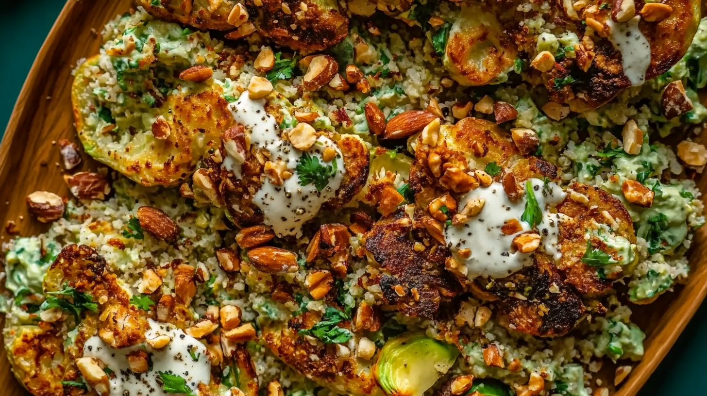 A vibrant dish featuring roasted vegetables, quinoa, almonds, and a drizzle of creamy dressing, topped with fresh herbs.