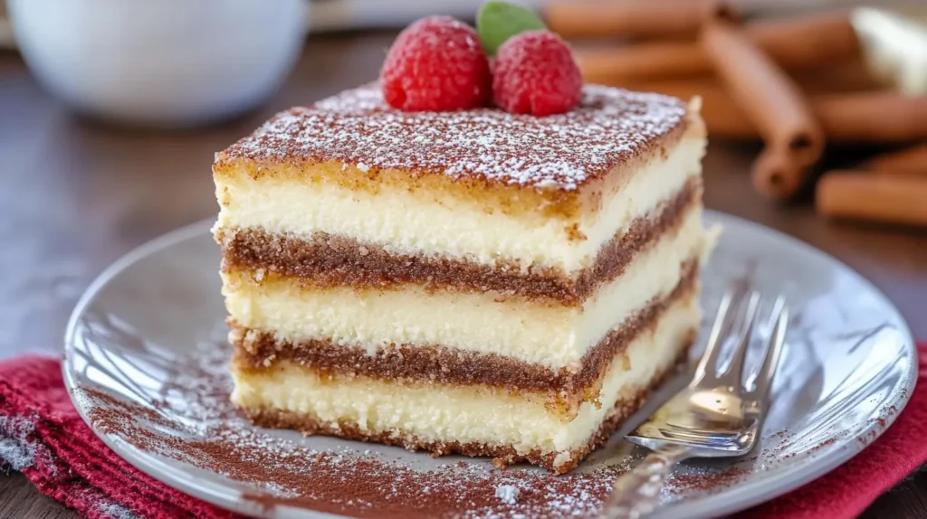 A layered churro cheesecake with cinnamon-sugar coating, dusted with powdered sugar and topped with fresh raspberries