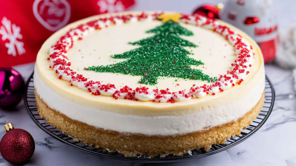 Christmas Tree Cheesecake decorated with green sugar sprinkles and a whipped cream border topped with red sprinkles