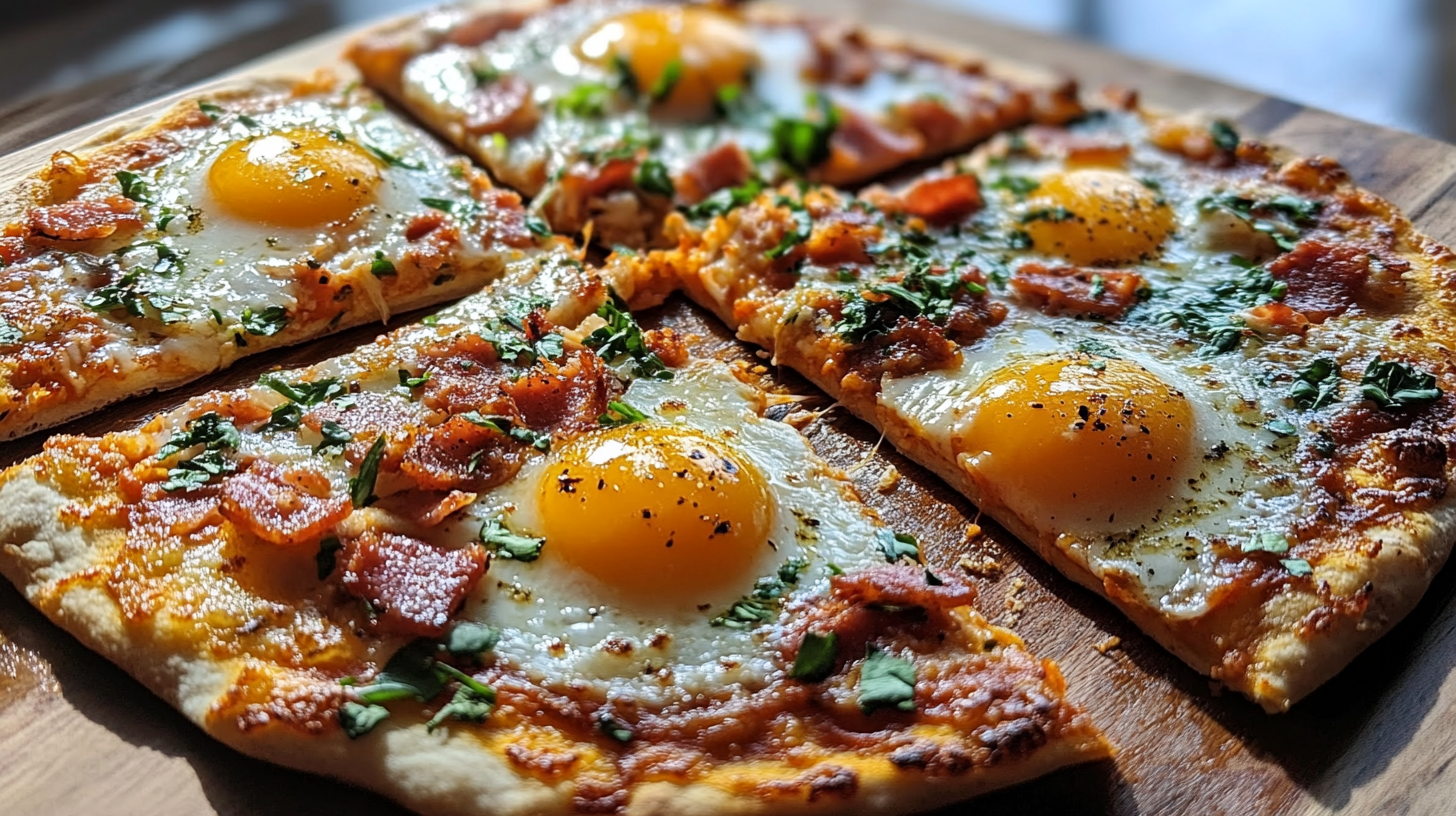 A close-up of a pizza topped with fried eggs, crispy bacon, herbs, and melted cheese.