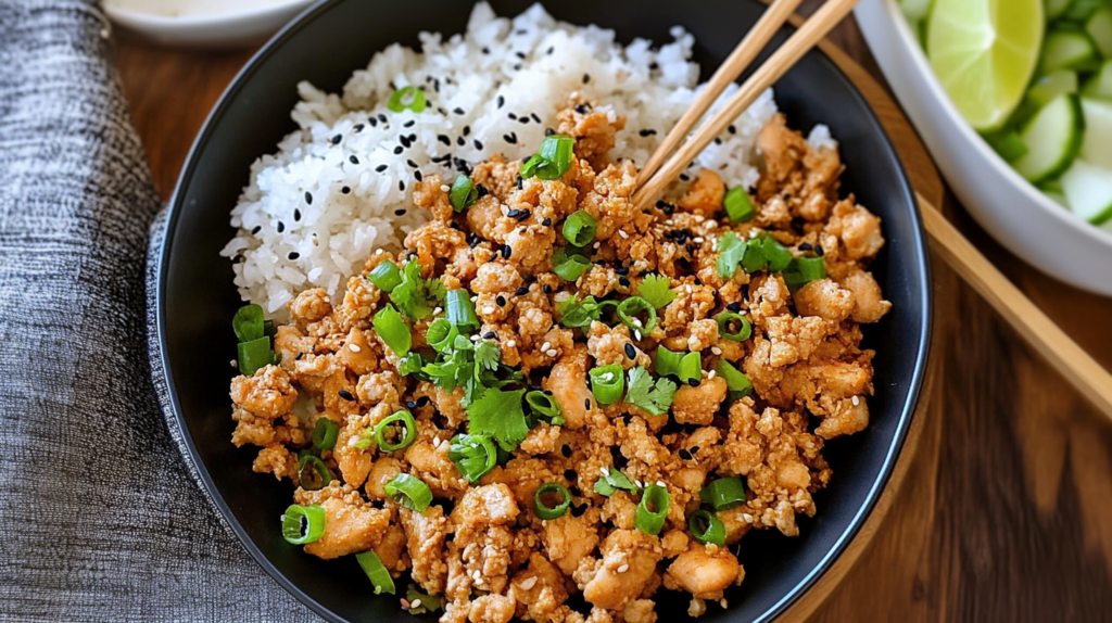 A bowl of ground chicken stir-fry served with white rice, topped with green onions, sesame seeds, and fresh cilantro.