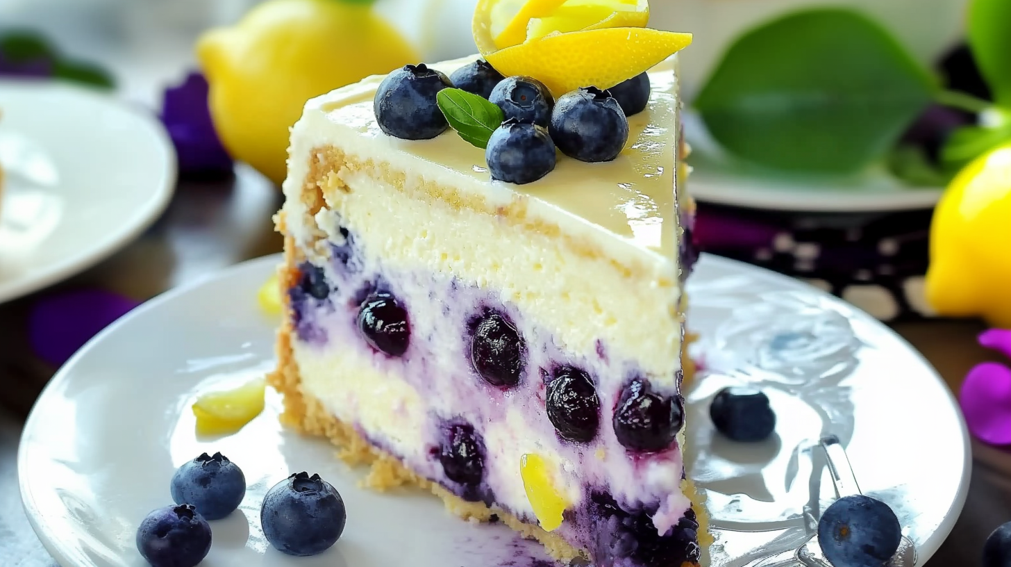 A slice of creamy lemon blueberry cheesecake topped with fresh blueberries and lemon garnish.