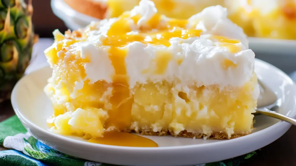 A slice of pineapple poke cake topped with whipped cream and drizzled with pineapple sauce, served on a white plate.