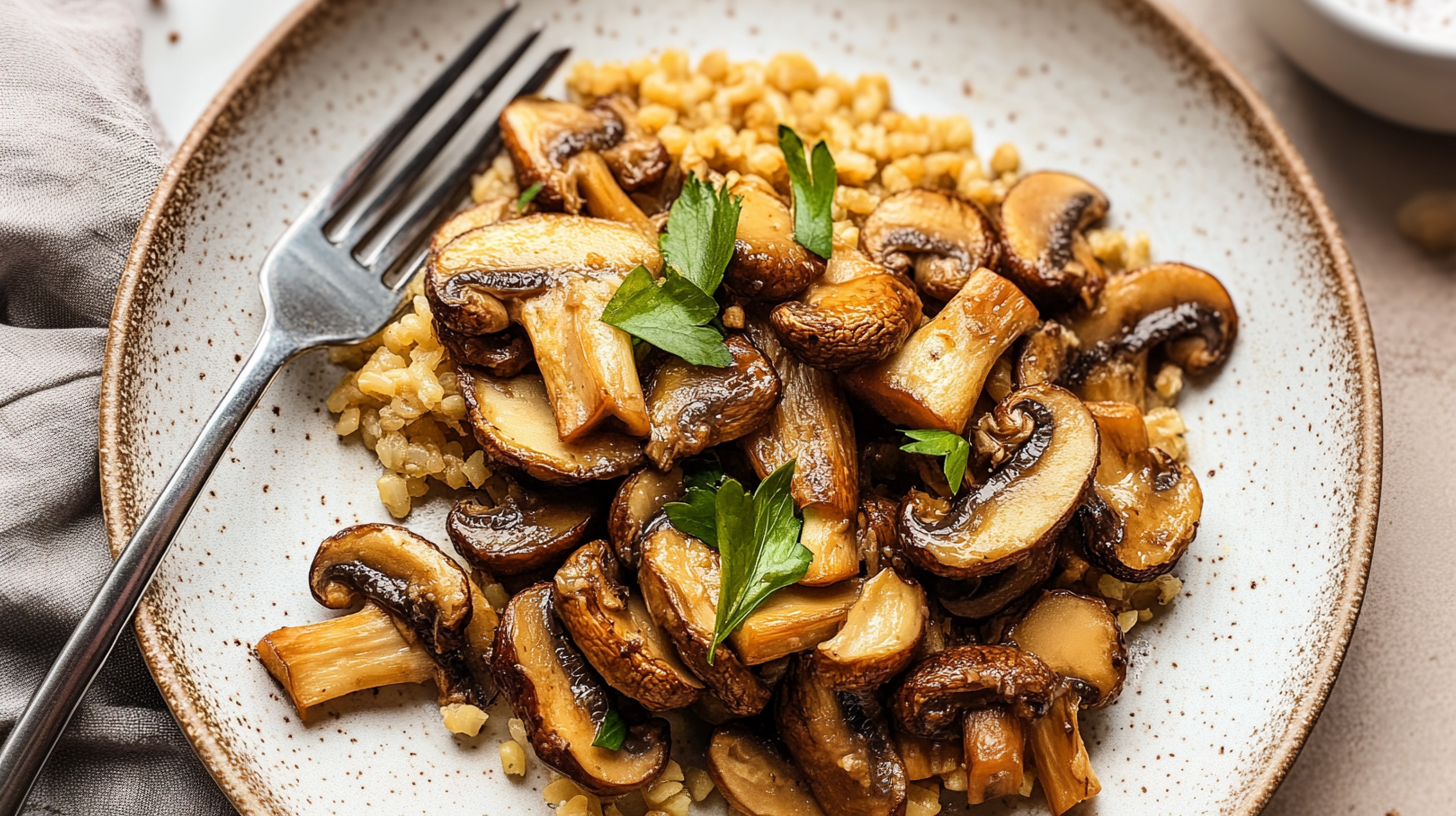 A plate of sautéed mushrooms served on a bed of grains, garnished with fresh parsley.