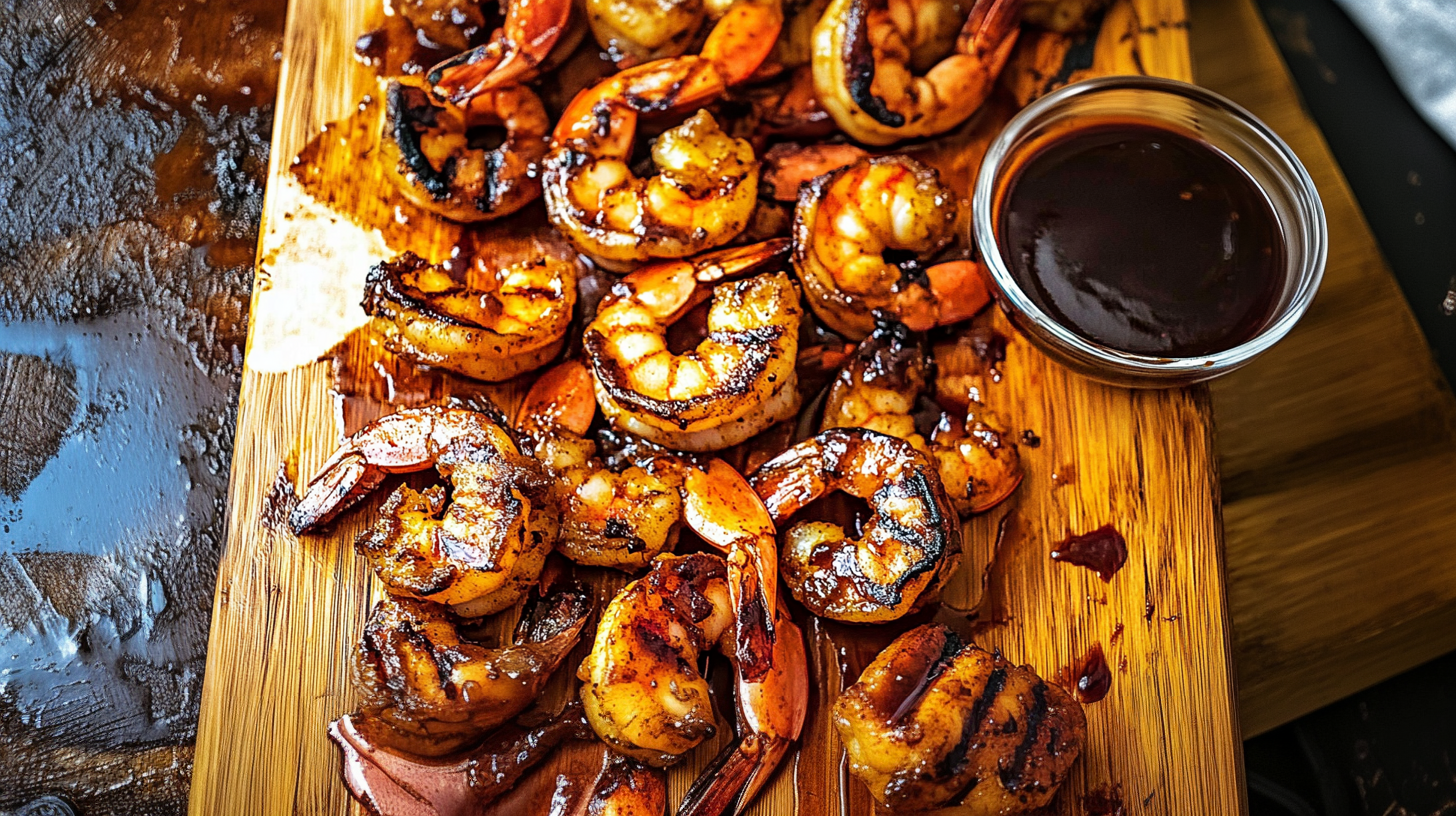 Grilled BBQ shrimp on a wooden board with a side of barbecue sauce.