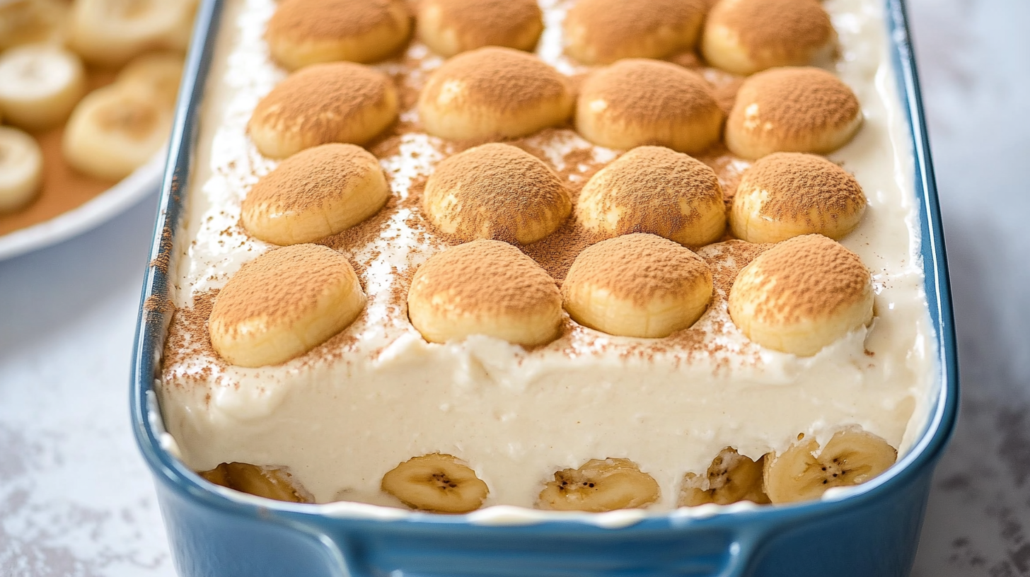 Banana pudding topped with banana slices and dusted with cocoa powder in a blue baking dish.