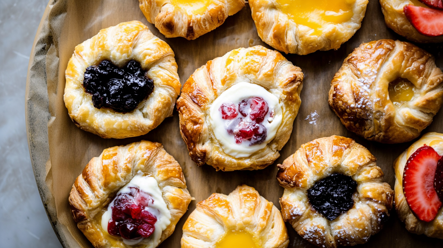 Assorted breakfast pastries with fruit and cream fillings on a tray.