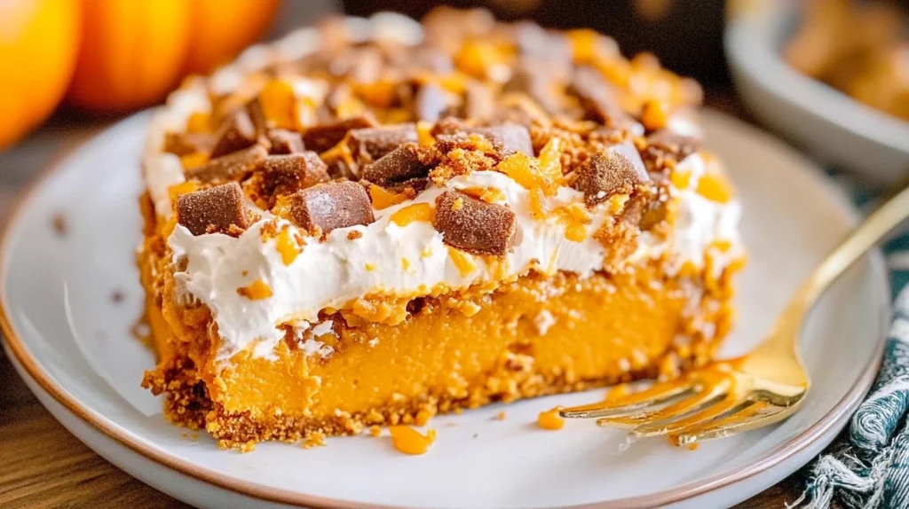 Pumpkin Poke Cake topped with whipped cream, caramel drizzle, and chopped candy pieces on a white plate with a golden fork.