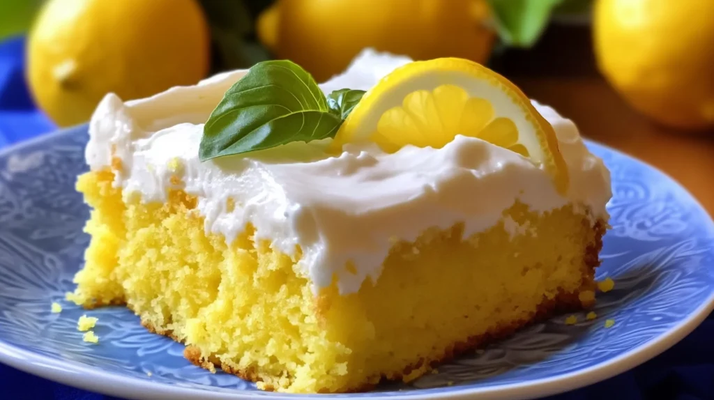 A slice of lemon poke cake topped with whipped cream, garnished with a lemon slice and fresh basil, served on a blue plate.