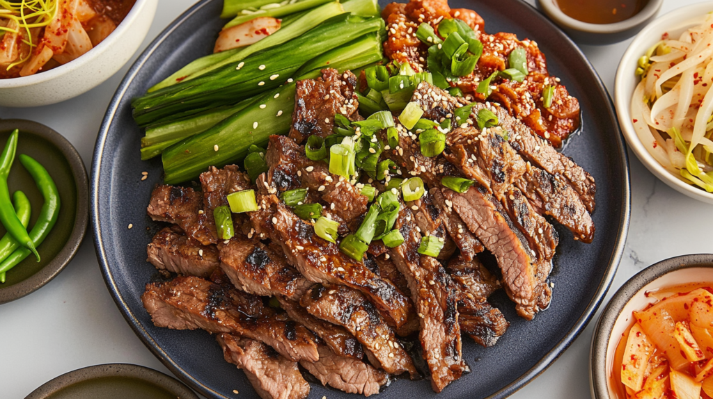 Grilled Korean BBQ beef served with green onions, cucumbers, kimchi, and side dishes on a plate.