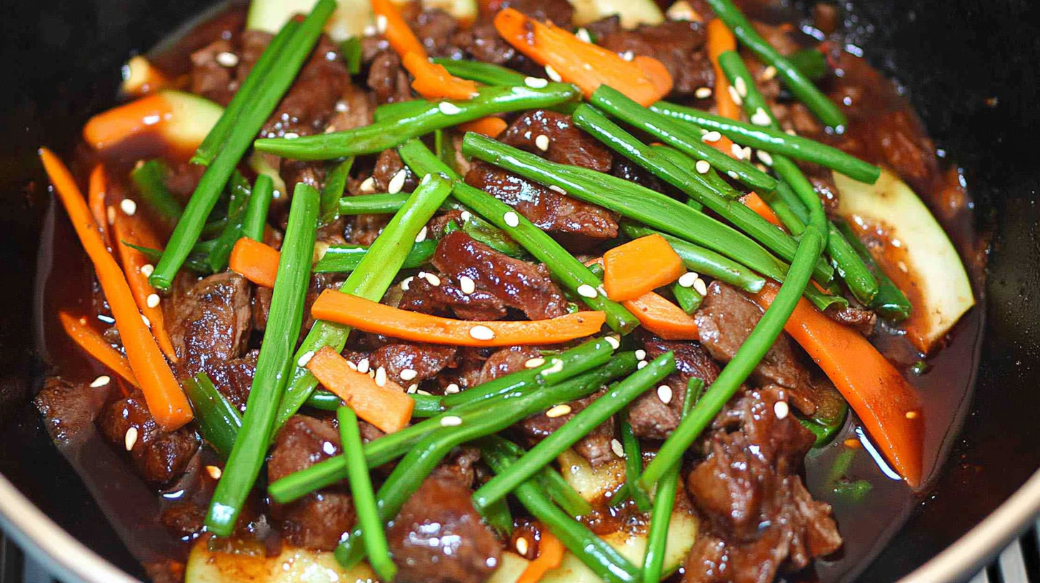 Mongolian BBQ stir-fry with beef, carrots, green onions, and sesame seeds in a rich, savory sauce.