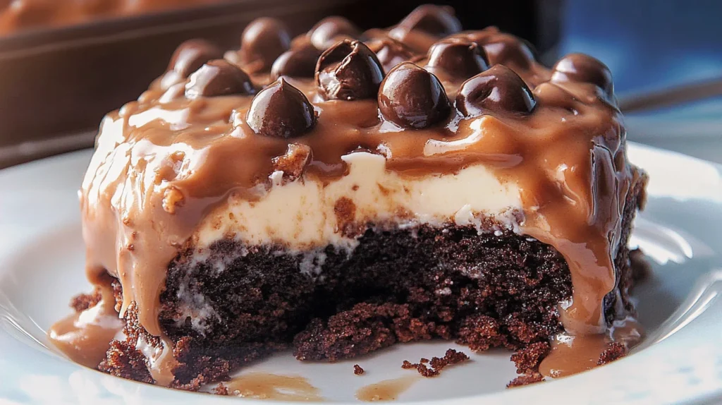 A rich chocolate poke cake topped with chocolate chips and drizzled with chocolate sauce.