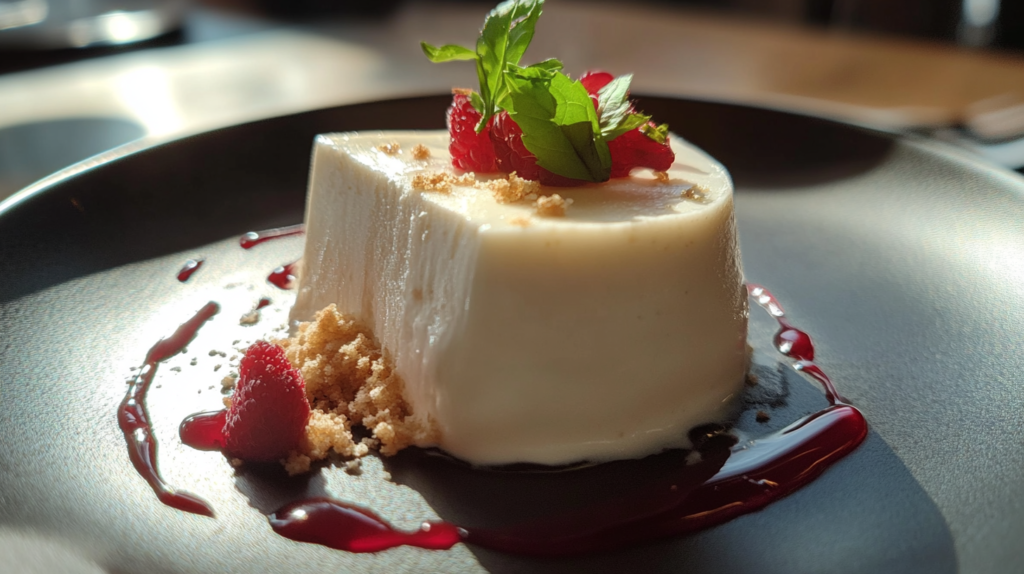 Creamy cheesecake ice cream served on a dark plate with raspberry sauce, fresh raspberries, and a garnish of mint.