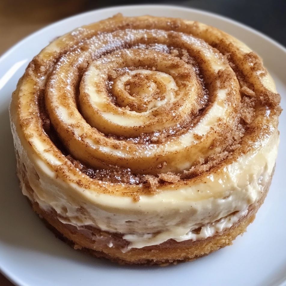 Close-up of a slice of Cinnamon Roll Cheesecake on a plate, showing a swirl of cinnamon and a creamy texture with a graham cracker crust."