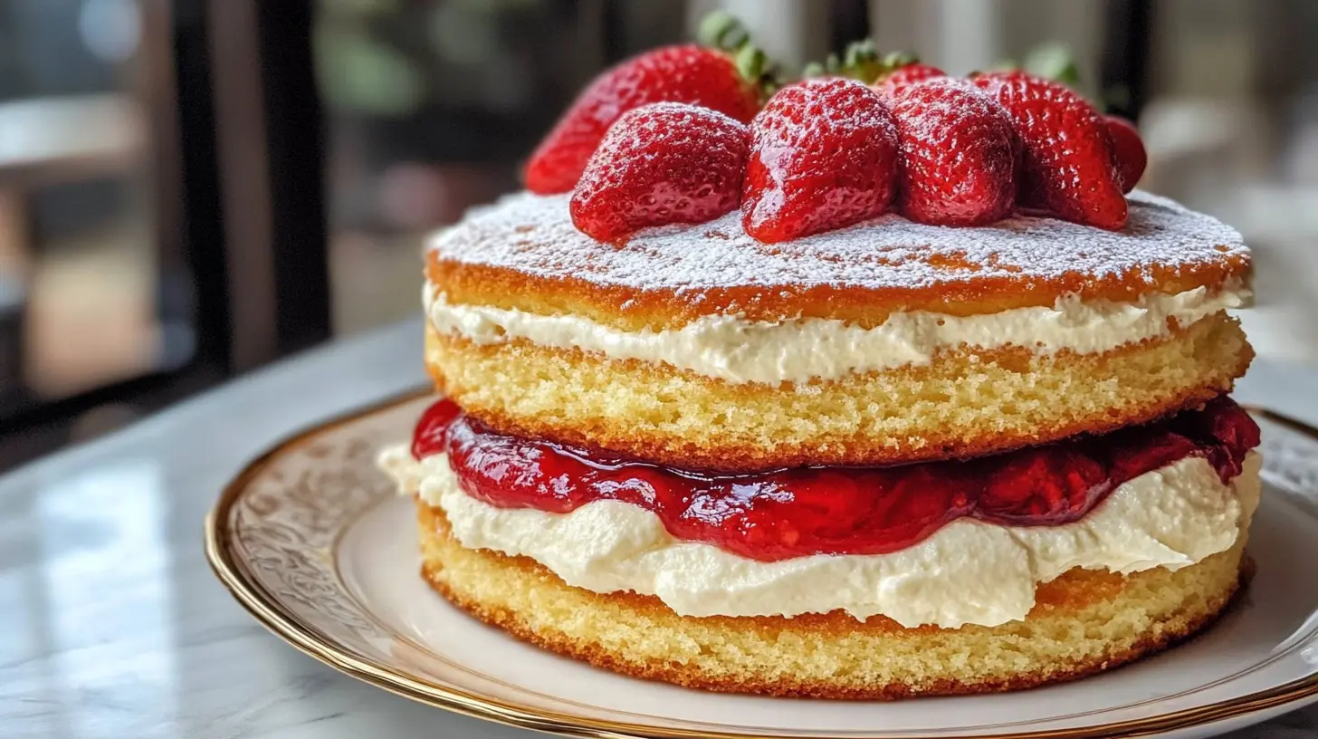 Victoria Sponge Cake with strawberries and cream layers, topped with powdered sugar.