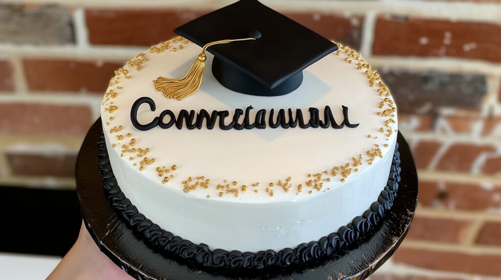 Graduation cake with white icing, featuring a black graduation cap and diploma, with "Congratulations" written in black frosting