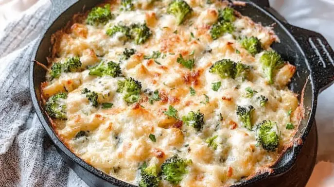 Keto chicken broccoli casserole in a cast-iron skillet topped with melted cheese.