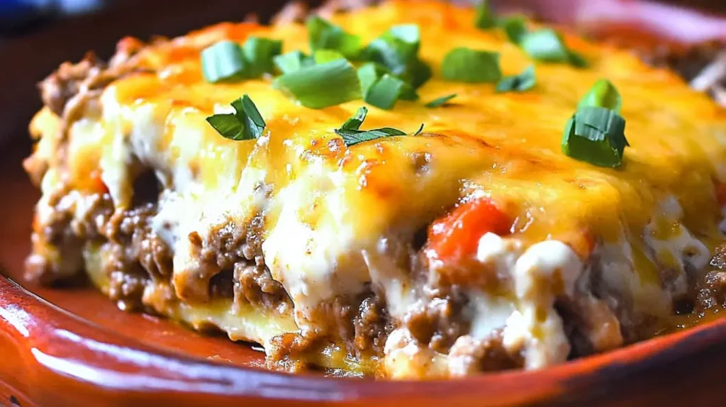 Close-up of a delicious slice of Cattle Drive Casserole topped with melted cheese and green onions.