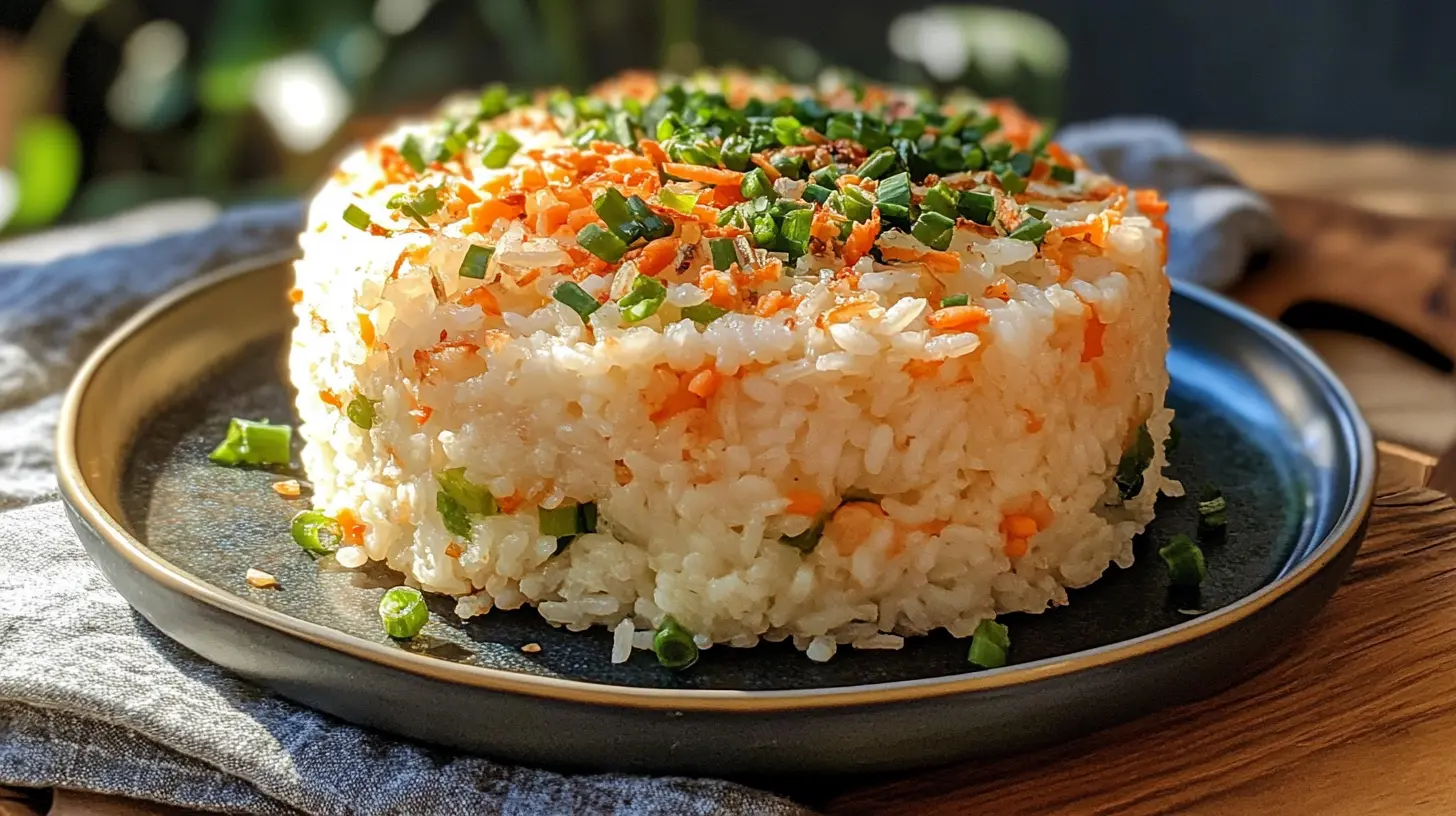 Homemade rice cake garnished with carrots and chopped green onions, served on a plate