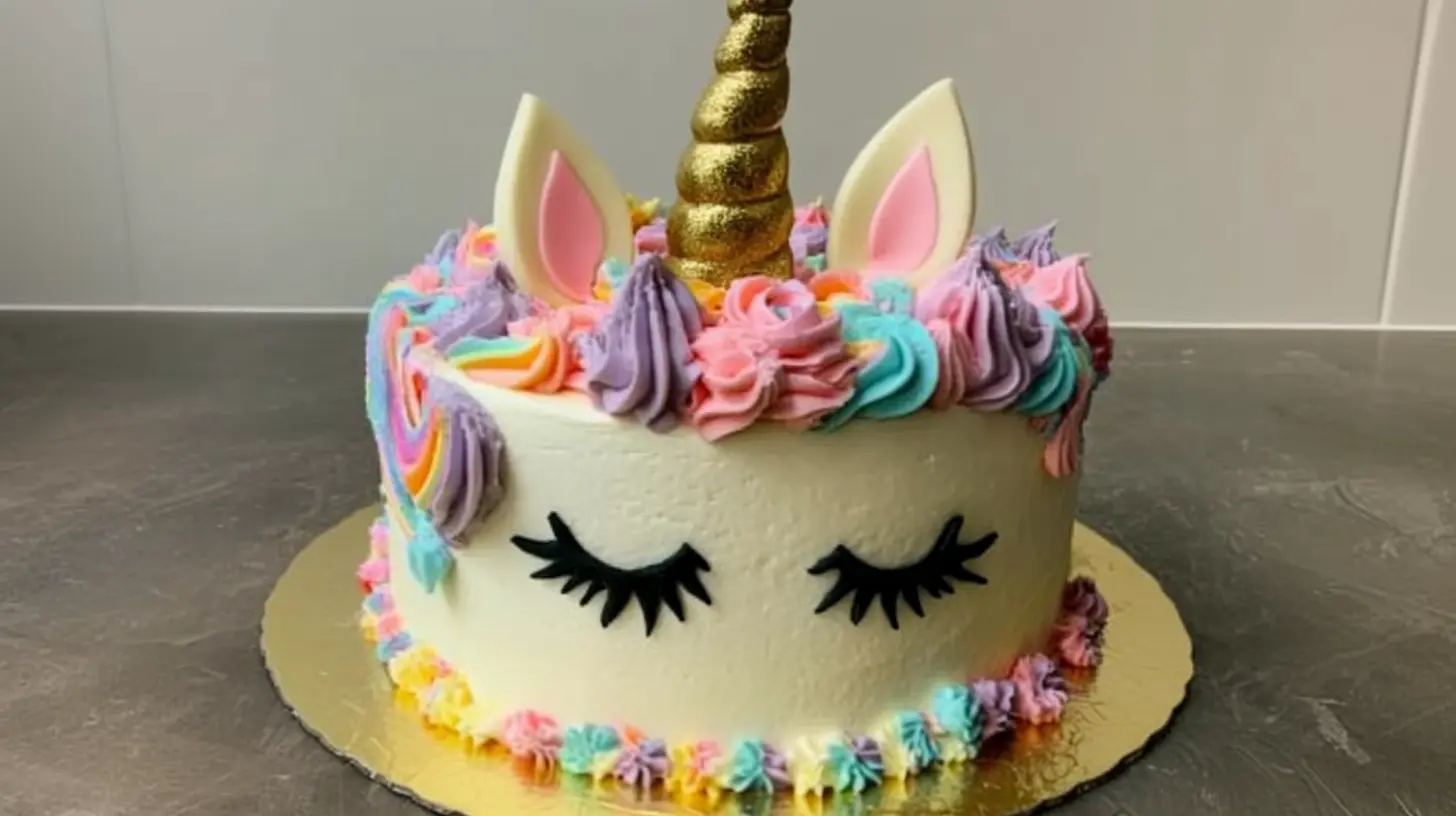 Unicorn cake with a gold horn, pastel-colored buttercream mane, and closed eyes, displayed on a golden base.