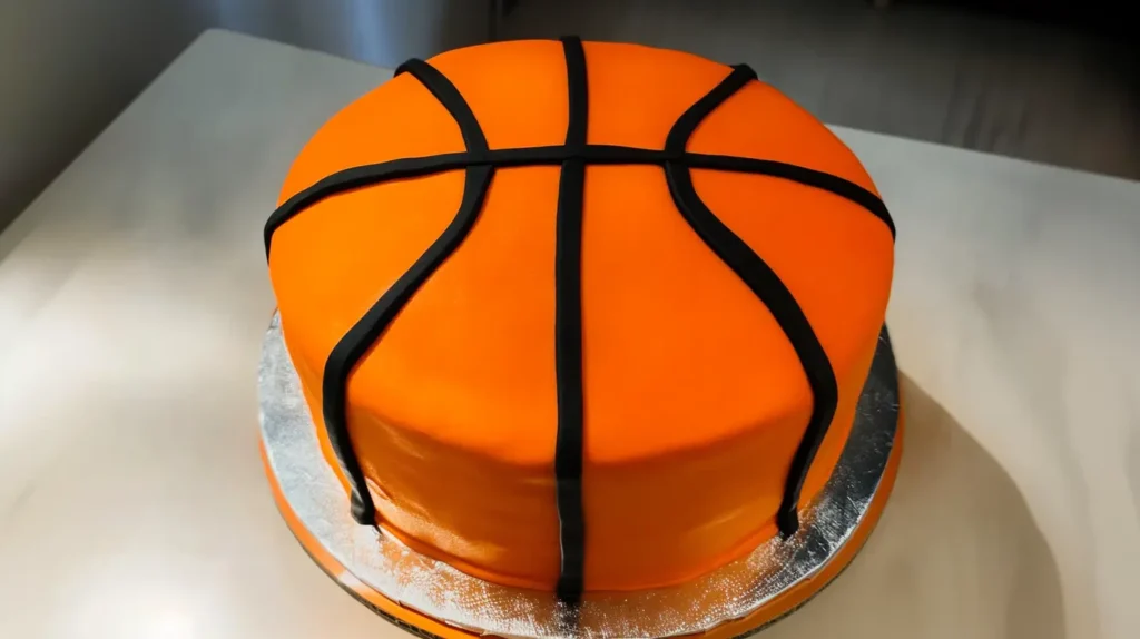 Basketball-themed cake with bright orange fondant and black lines, shaped like a basketball.