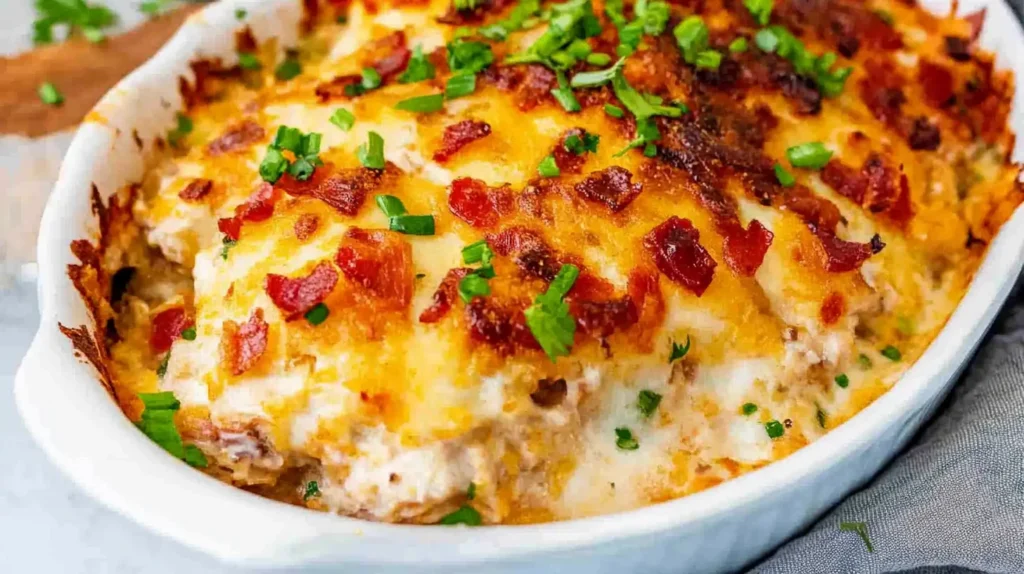 A creamy crack chicken casserole topped with crispy bacon and fresh green onions in a white baking dish.