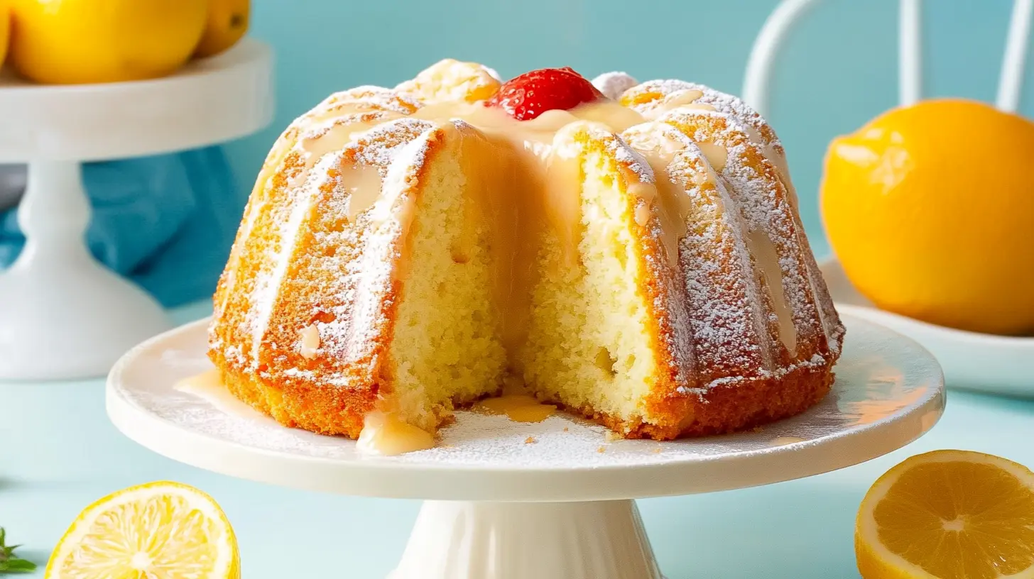 Italian Hangover Cake with a lemon glaze, garnished with a fresh strawberry, displayed on a white cake stand