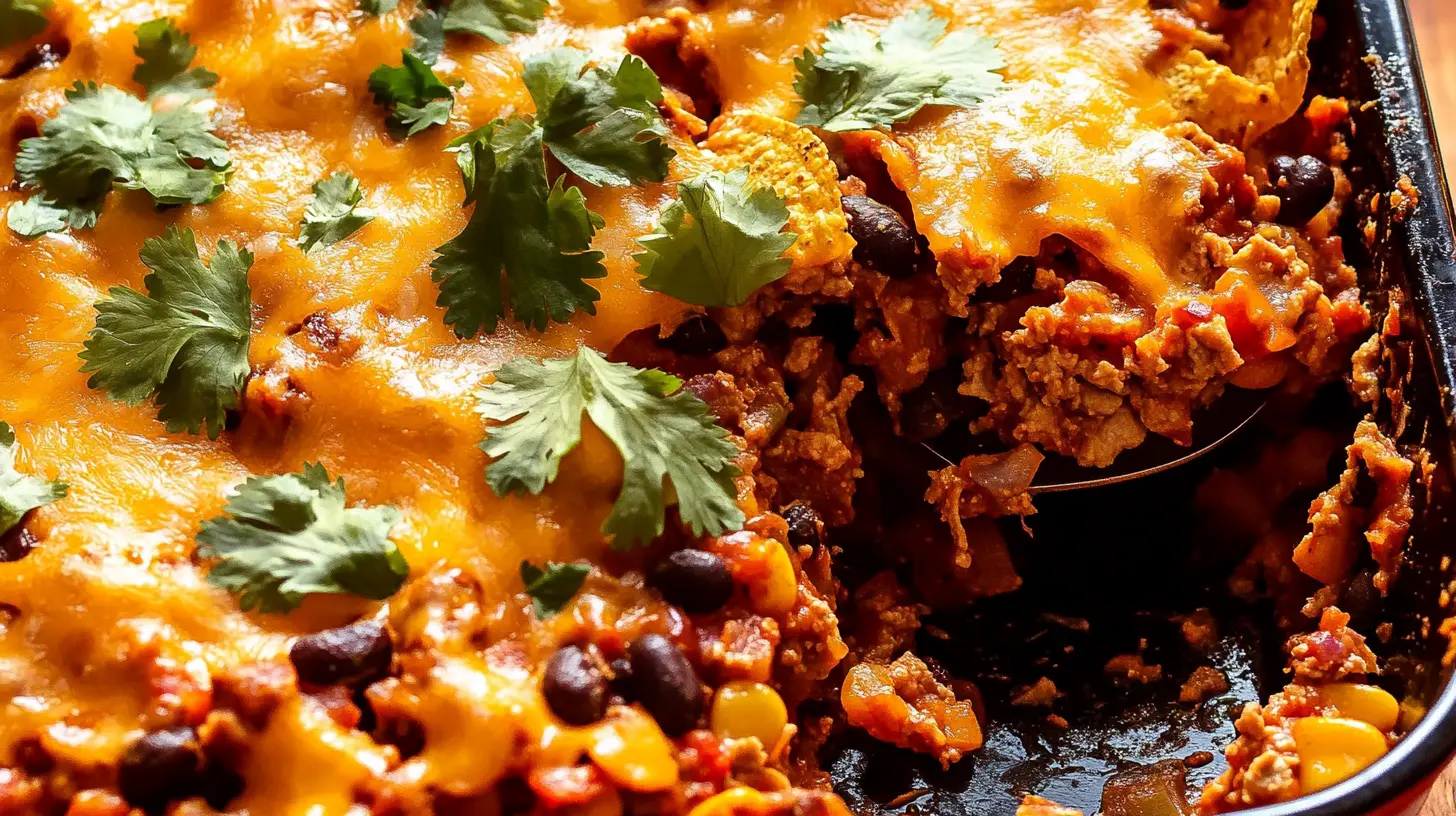 Walking taco casserole topped with melted cheese, black beans, and tortilla chips in a baking dish